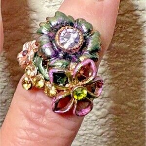 Vintage Floral Enamel & Rhinestone Adjustable Ring